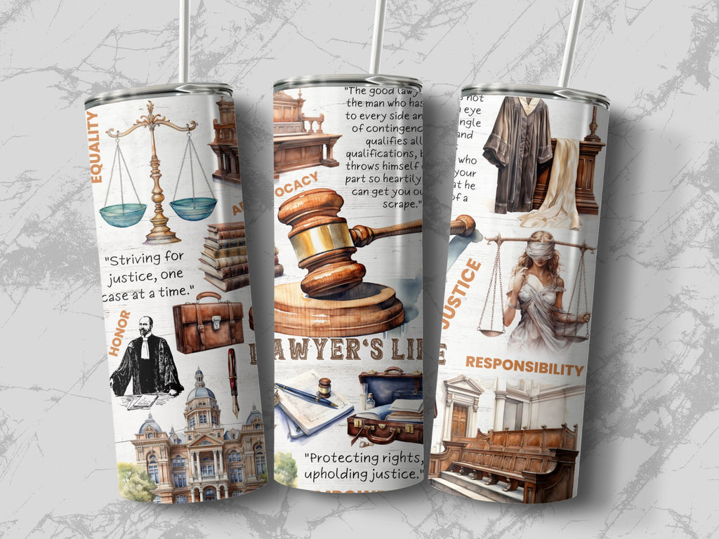 Flat lay of the Lawyer Life 20oz tumbler showing the full law library and gavel wrap design