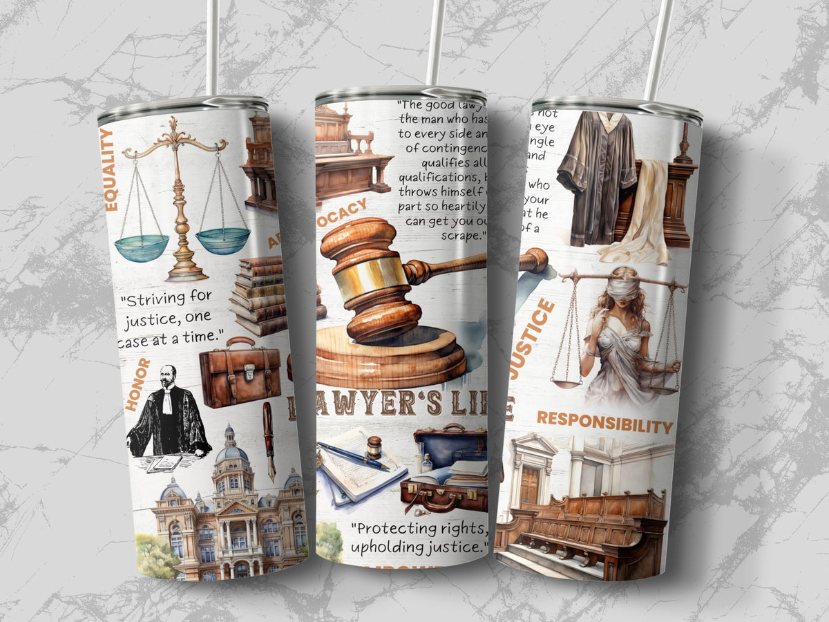 Flat lay of the Lawyer Life 20oz tumbler showing the full law library and gavel wrap design