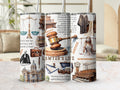 Lawyer Life 20oz skinny tumbler with lid and straw, gavel and scales of justice wrap, styled on a table