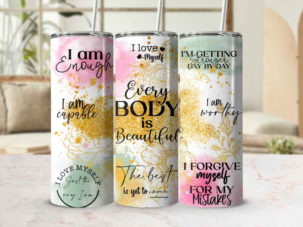 Self Love Affirmation 20oz skinny tumbler with lid and straw, blush pink and gold body positive wrap