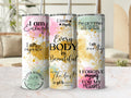 Self Love Affirmation 20oz skinny tumbler with lid and straw, blush pink and gold body positive wrap