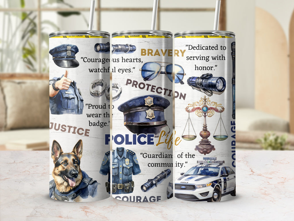 Police Life 20oz skinny tumbler with lid and straw, badge, K9 and patrol car wrap