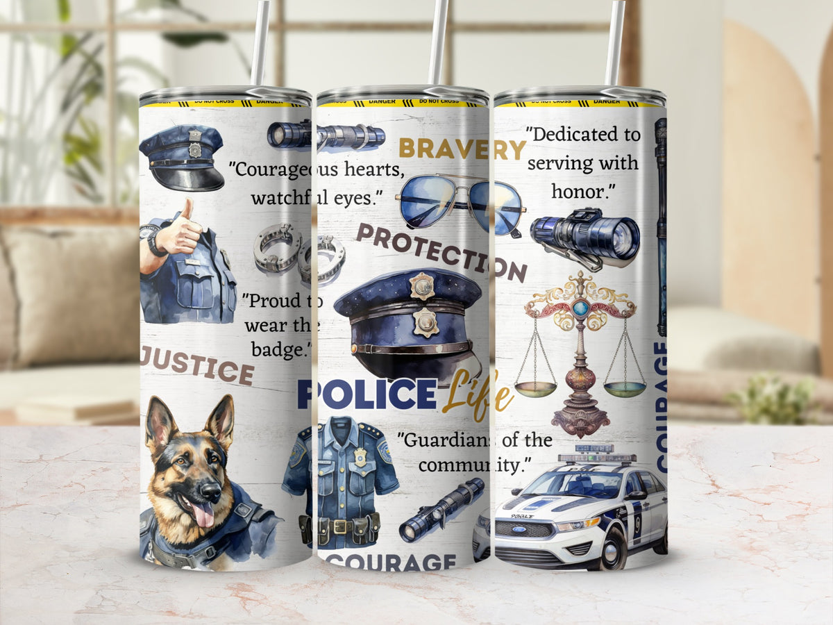 Police Life 20oz skinny tumbler with lid and straw, badge, K9 and patrol car wrap