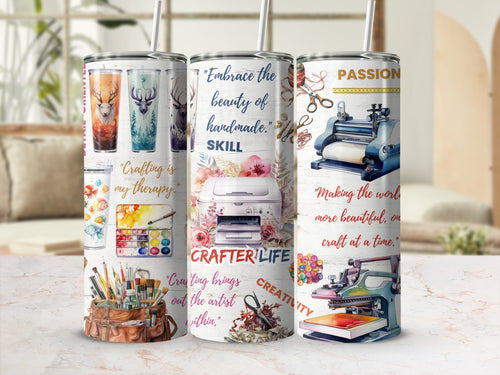 Crafter Life 20oz skinny tumbler with lid and straw, paints, thread and heat press wrap