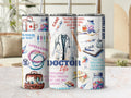 Doctor Life 20oz skinny tumbler with lid and straw, stethoscope and white coat wrap, styled on a table