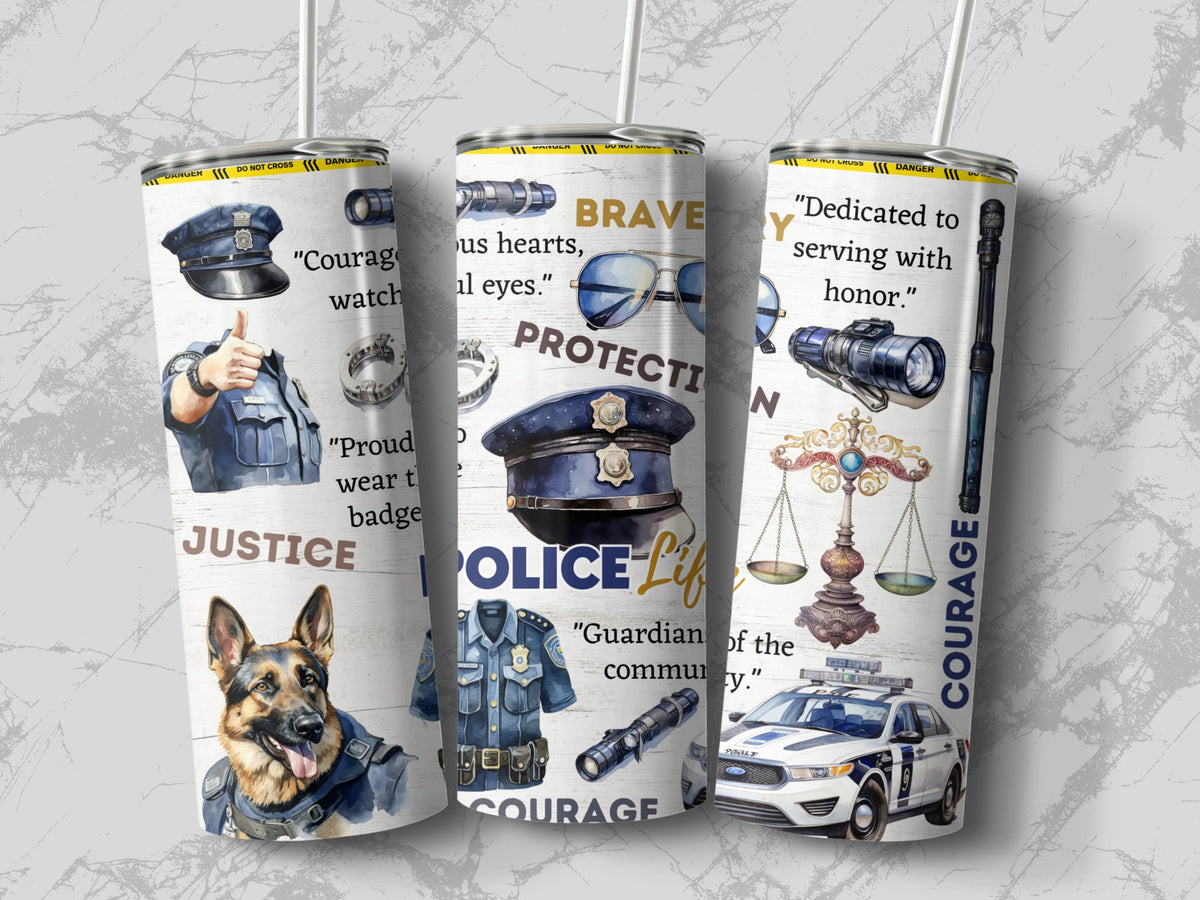 Flat lay of the Police Life 20oz tumbler showing the full law enforcement wrap design