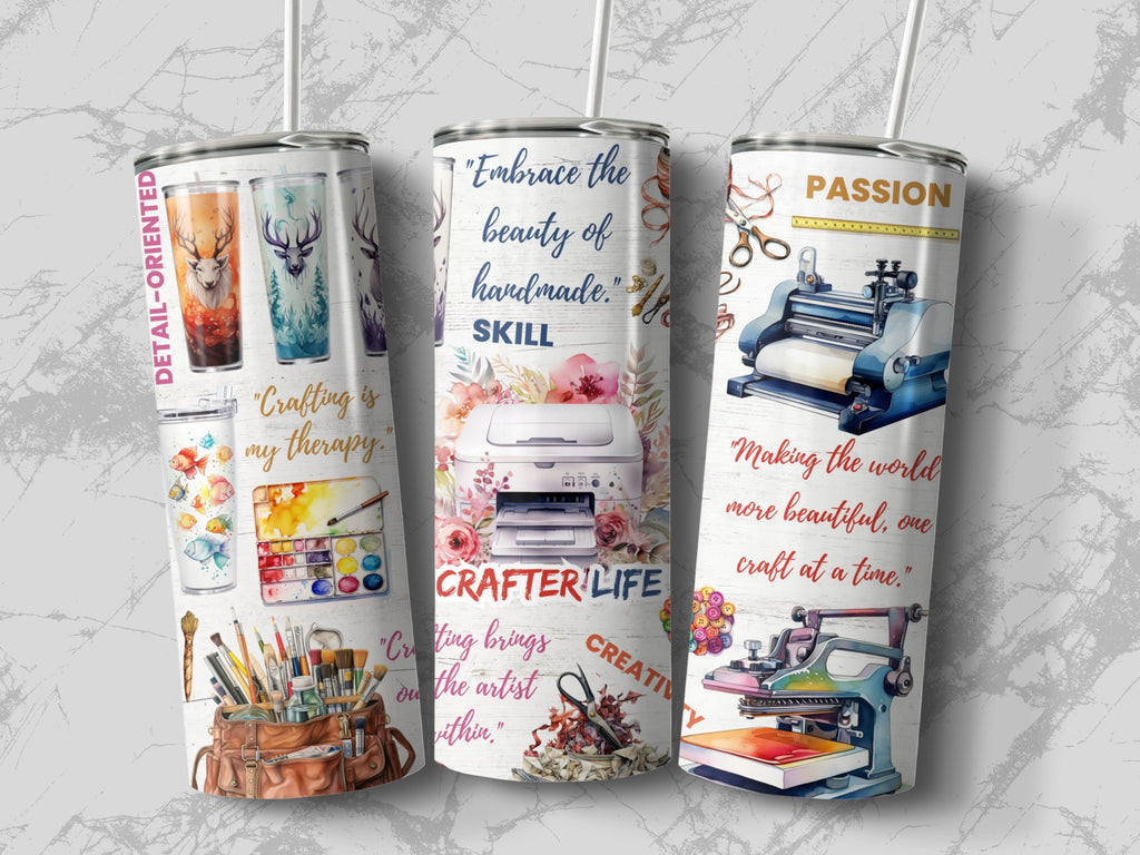 Flat lay of the Crafter Life 20oz tumbler showing the full craft room wrap design