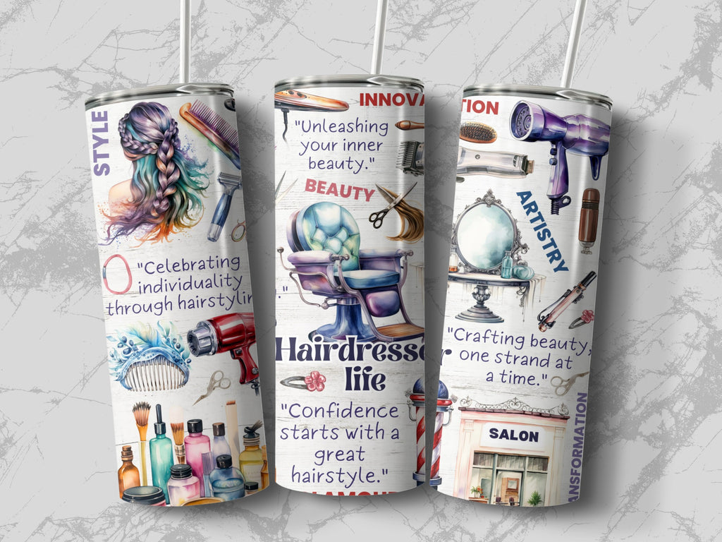 Flat lay of the Hairdresser Life 20oz tumbler showing the full salon wrap design