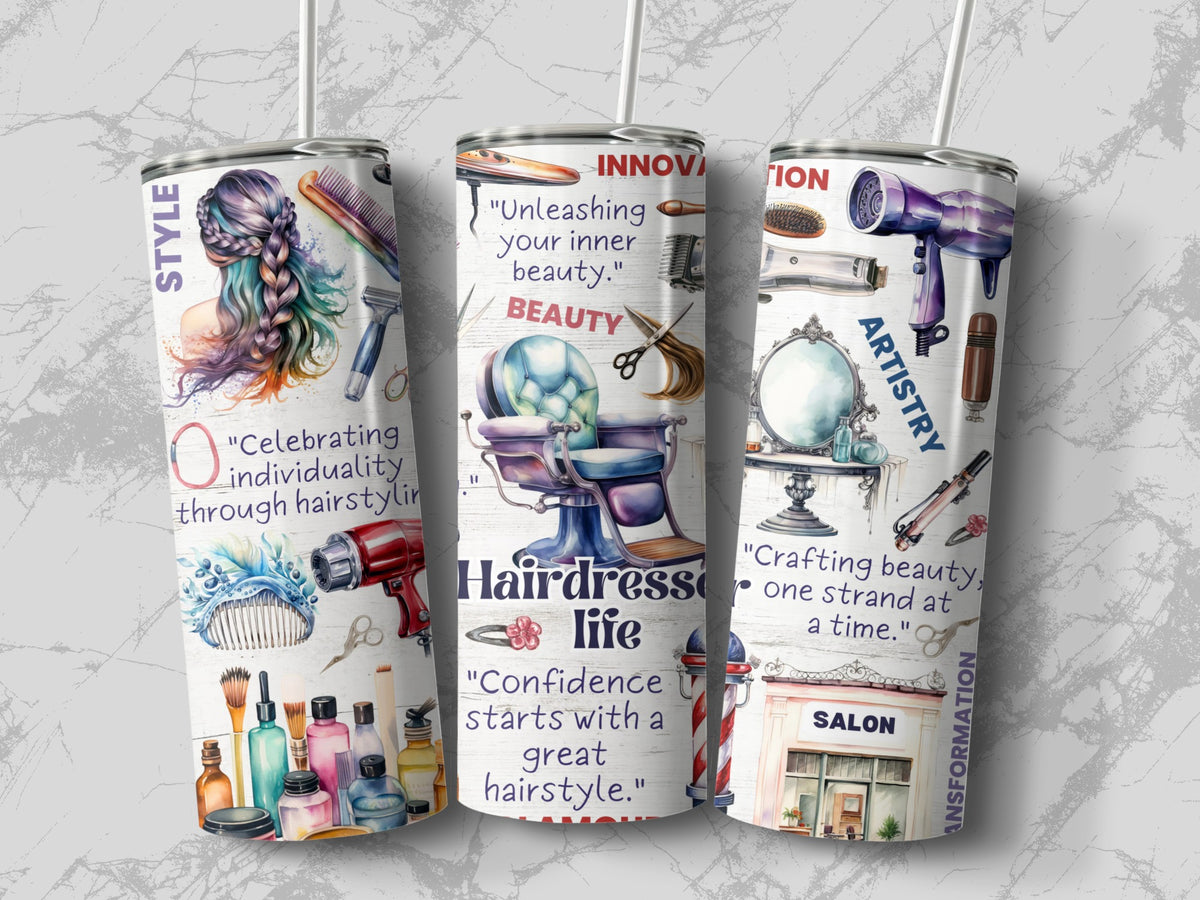 Flat lay of the Hairdresser Life 20oz tumbler showing the full salon wrap design