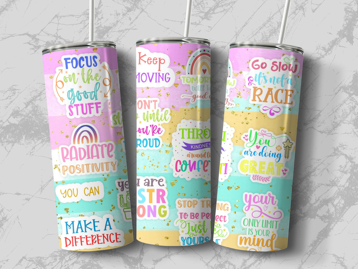 Flat lay of the Pastel Positivity 20oz tumbler showing the full pastel motivational wrap design