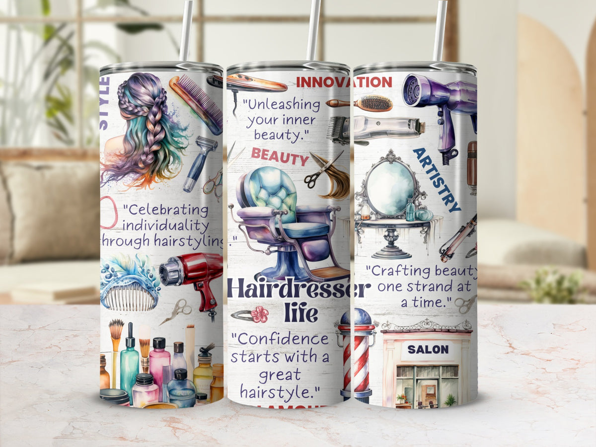 Hairdresser Life 20oz skinny tumbler with lid and straw, shears and salon chair wrap