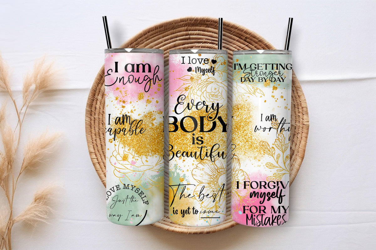 Self Love Affirmation body positive gift tumbler presented in a gift basket