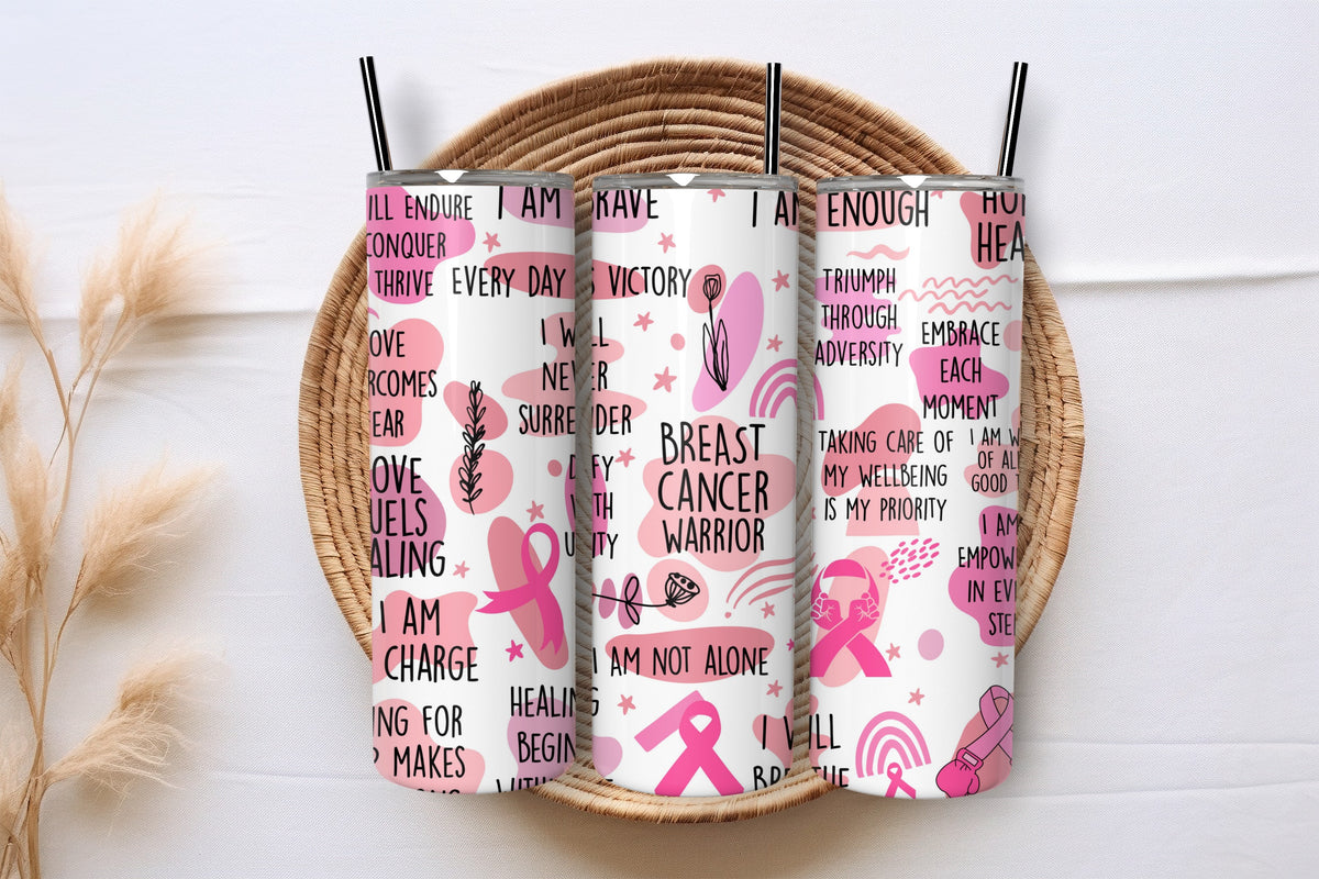 Breast Cancer Warrior encouragement tumbler presented in a care package gift basket