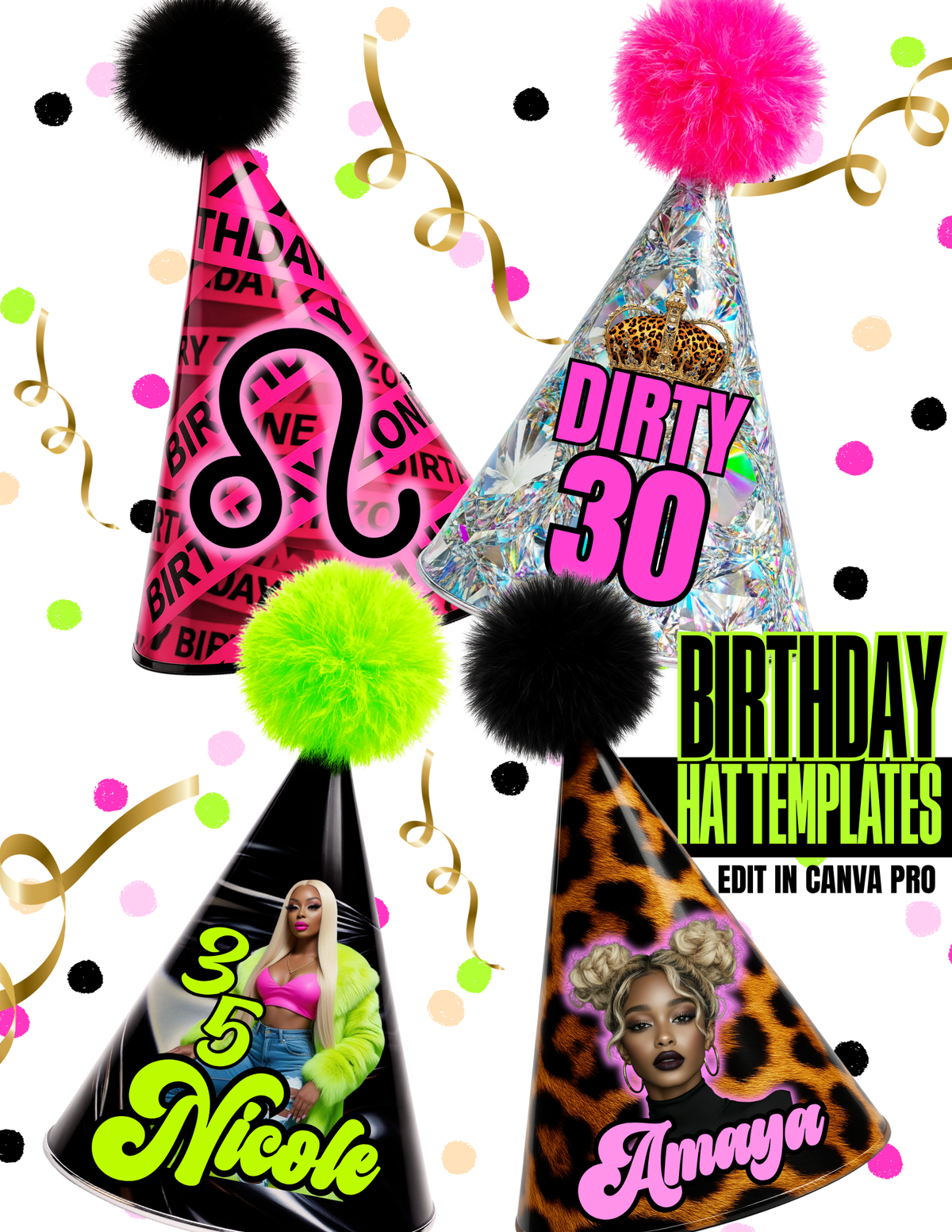 Birthday Party Hat Templates Printable, Editable Cone Hats for Kids Birthday Party Photo Props, Instant Digital Download