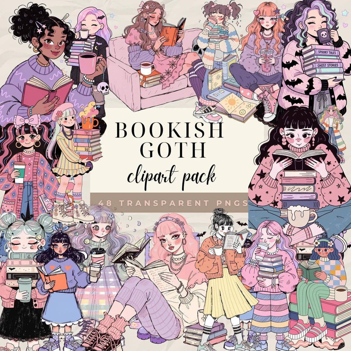 Pastel goth readers with books, coffee mugs and bat accents in pink, lavender and black.