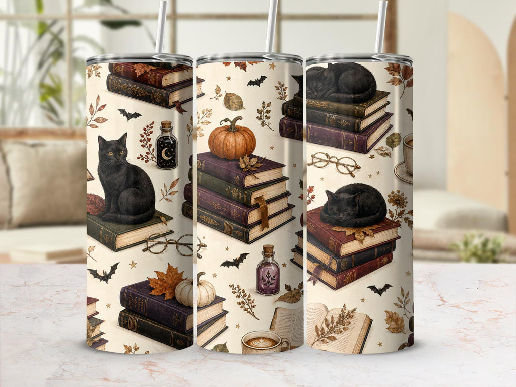 Preview of black cats, vintage book stacks, pumpkins, autumn leaves and coffee on a tumbler mockup
