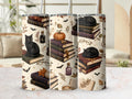 Preview of black cats, vintage book stacks, pumpkins, autumn leaves and coffee on a tumbler mockup