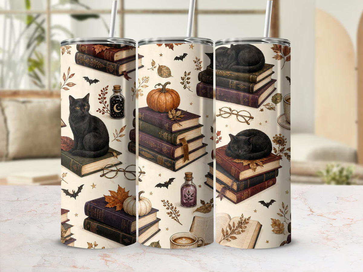 Preview of black cats, vintage book stacks, pumpkins, autumn leaves and coffee on a tumbler mockup