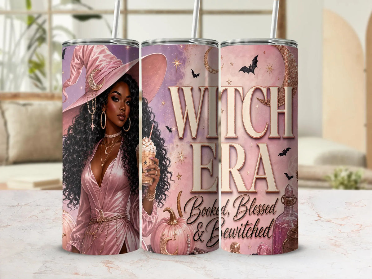 Preview of a Black witch in pink, crescent moons, bats and the words Witch Era, Booked, Blessed & Bewitched on a tumbler mockup