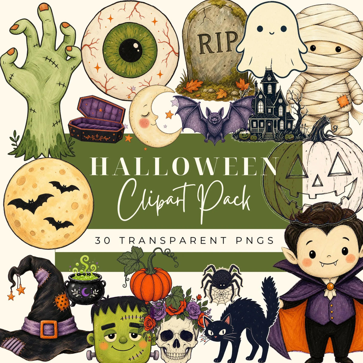 Preview of a friendly ghost, mummy, vampire, bats, pumpkins, a cauldron and a haunted house
