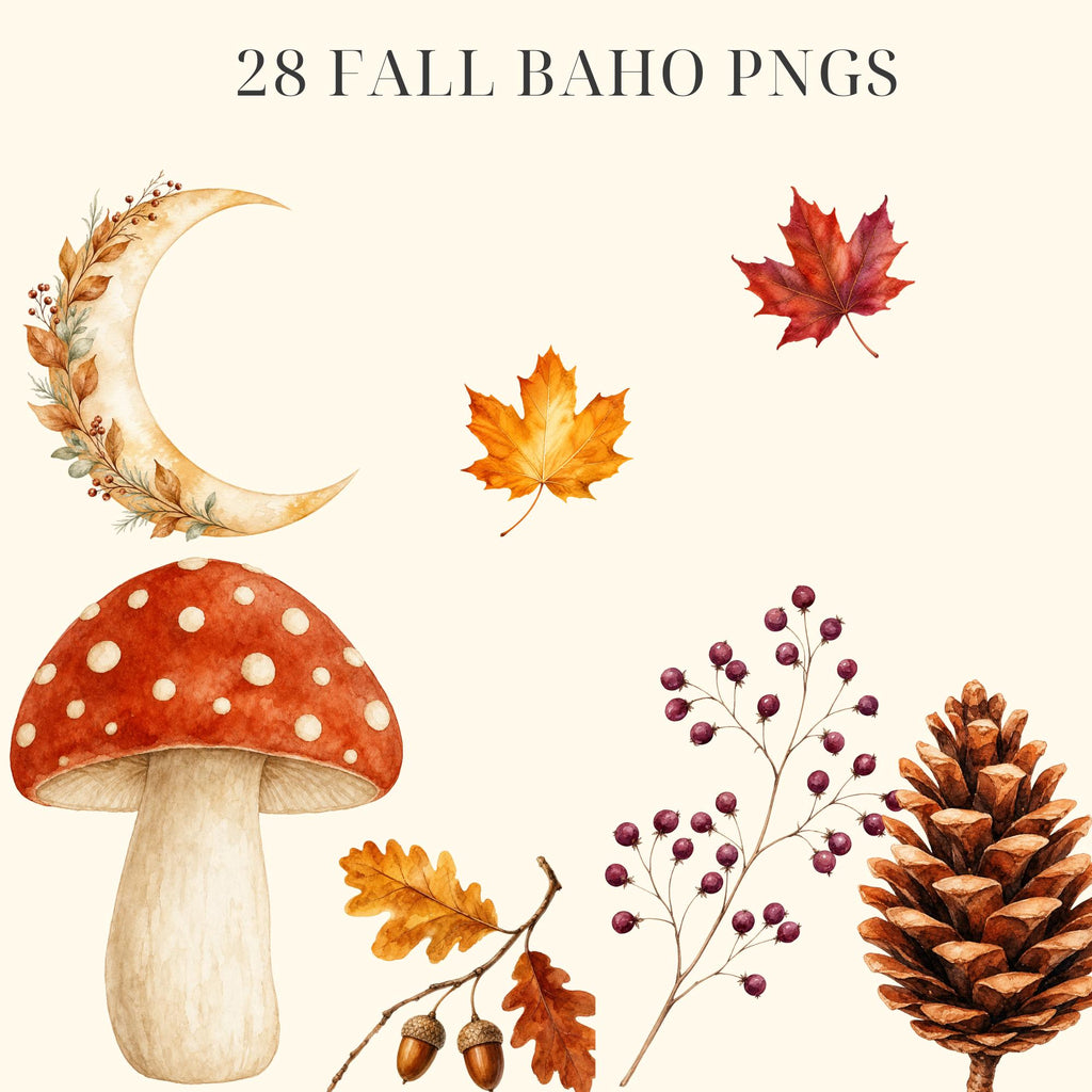 Fall boho watercolor clipart pack, preview 4 of 9