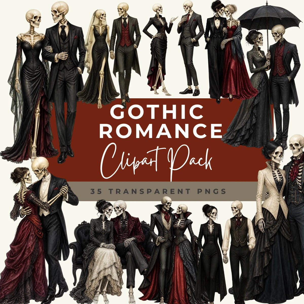 Preview of skeleton couples in black and burgundy Victorian-style outfits, embracing and dancing
