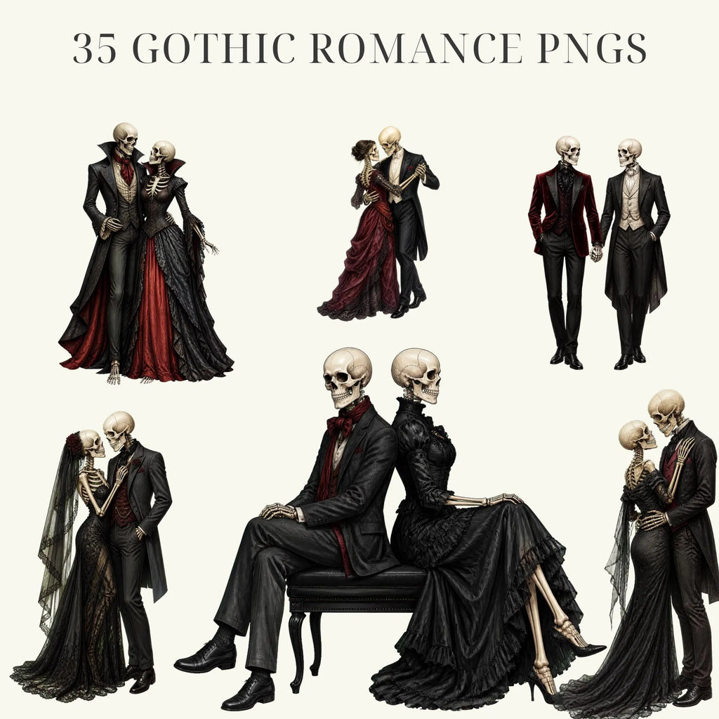 Gothic romance skeleton couple clipart, preview 4 of 9