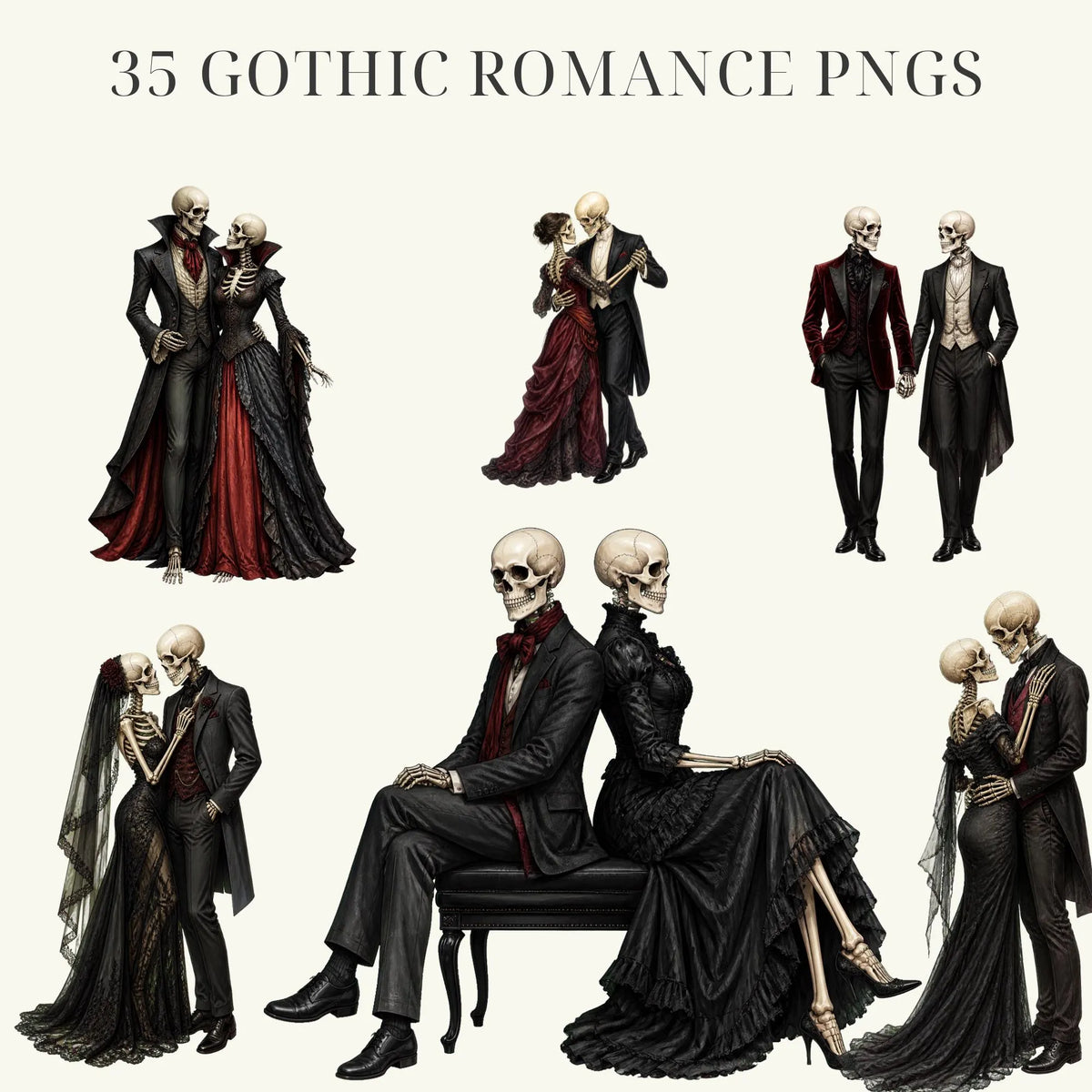 Gothic romance skeleton couple clipart, preview 4 of 9
