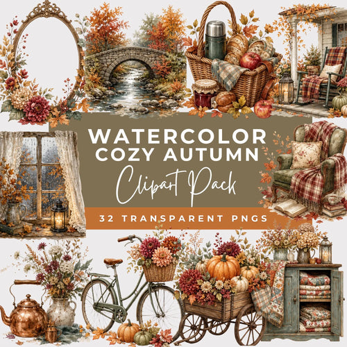 Preview of an autumn stone bridge, picnic basket, reading chair, floral bicycle, pumpkins and a quilt cabinet