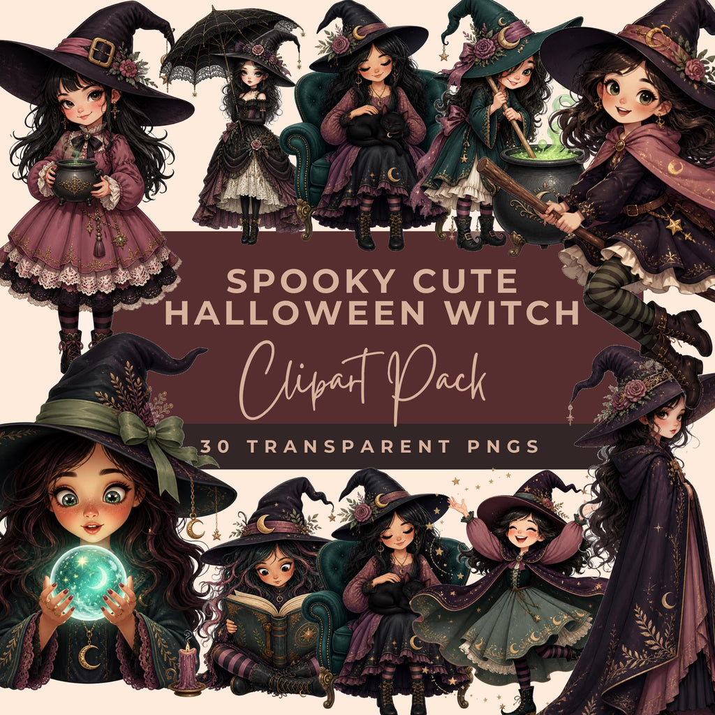 Preview of storybook witches with pointed hats, spellbooks, a broom, a black cat and bubbling cauldrons
