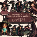 Preview of storybook witches with pointed hats, spellbooks, a broom, a black cat and bubbling cauldrons