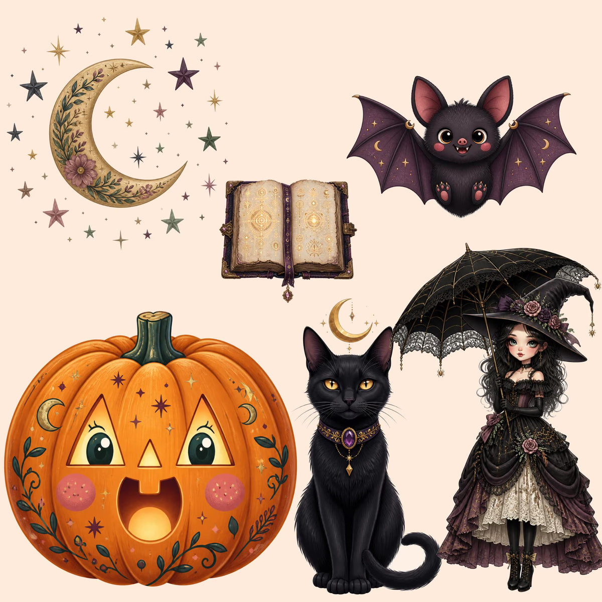 Spooky cute Halloween witch clipart bundle, preview 5 of 9