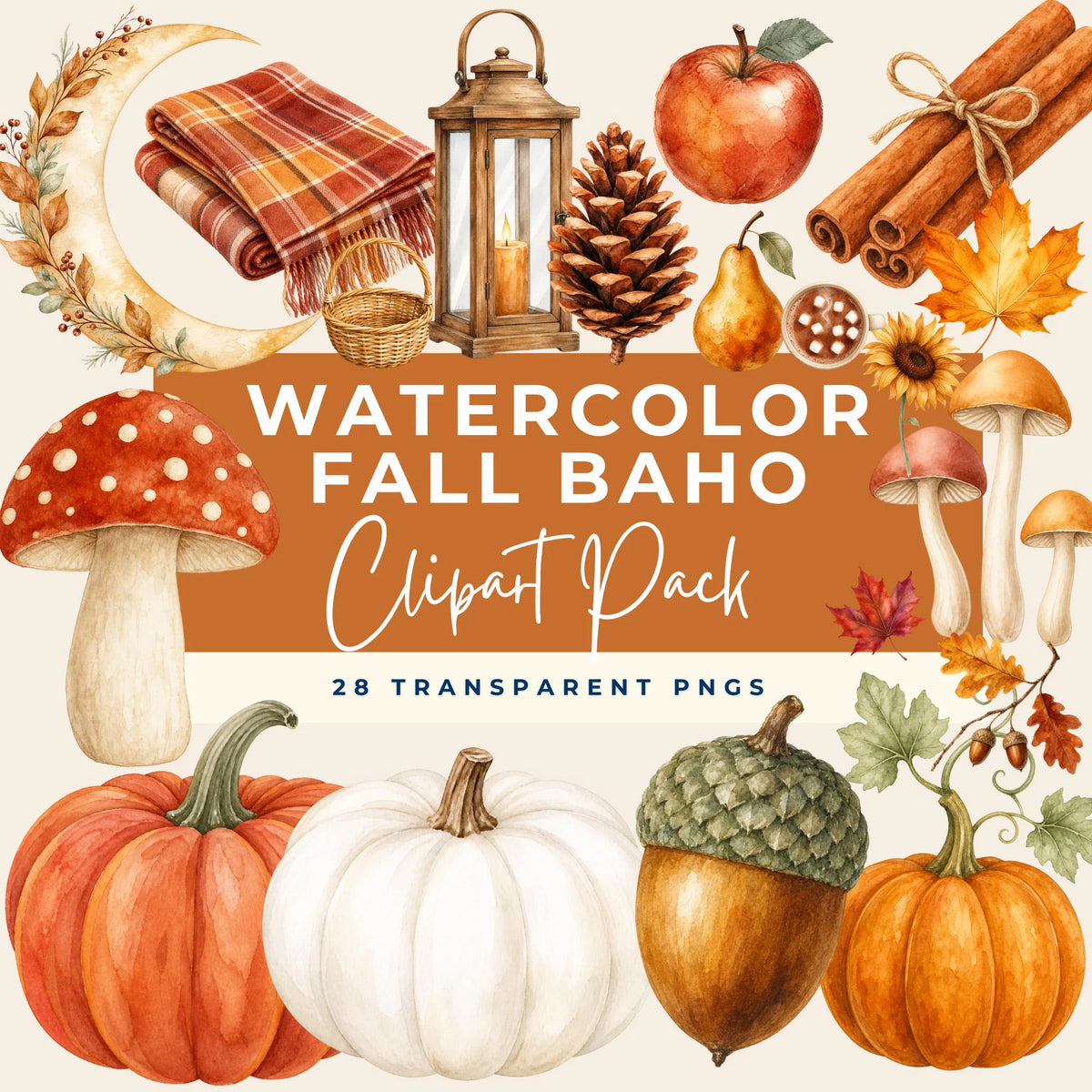 Preview of pumpkins, mushrooms, an acorn, autumn leaves, a lantern, cinnamon, fruit and a plaid blanket
