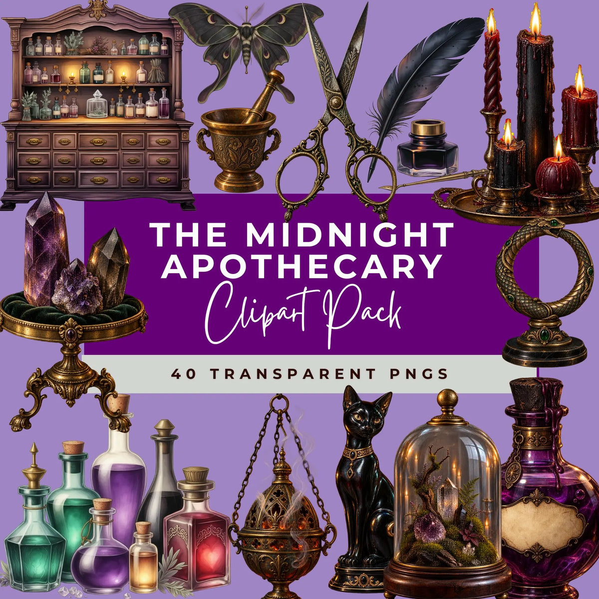 Preview of potion bottles, an apothecary cabinet, crystals, dark candles, a quill, ornate scissors and a black cat