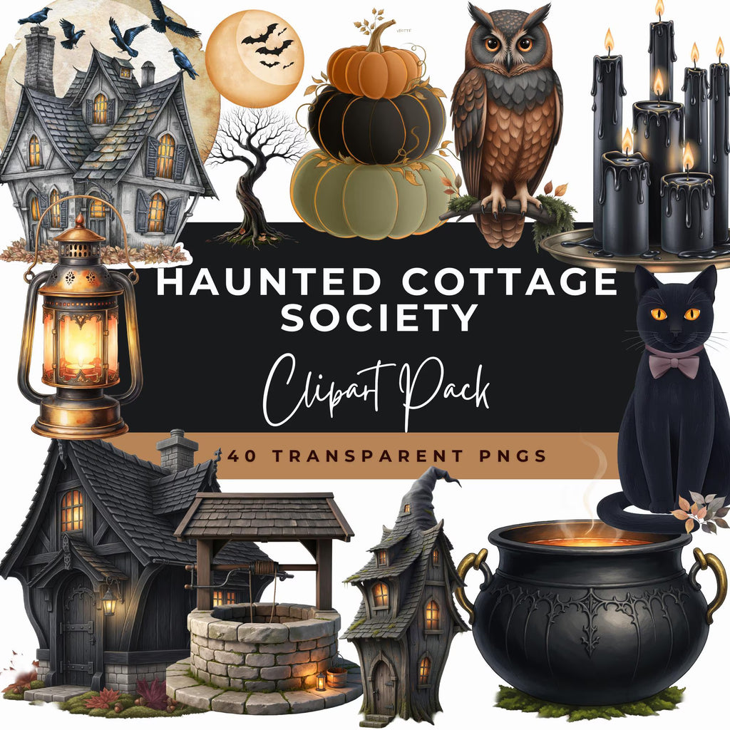 Preview of haunted cottages, an owl, a black cat, stacked pumpkins, candles, a cauldron and warm lantern light