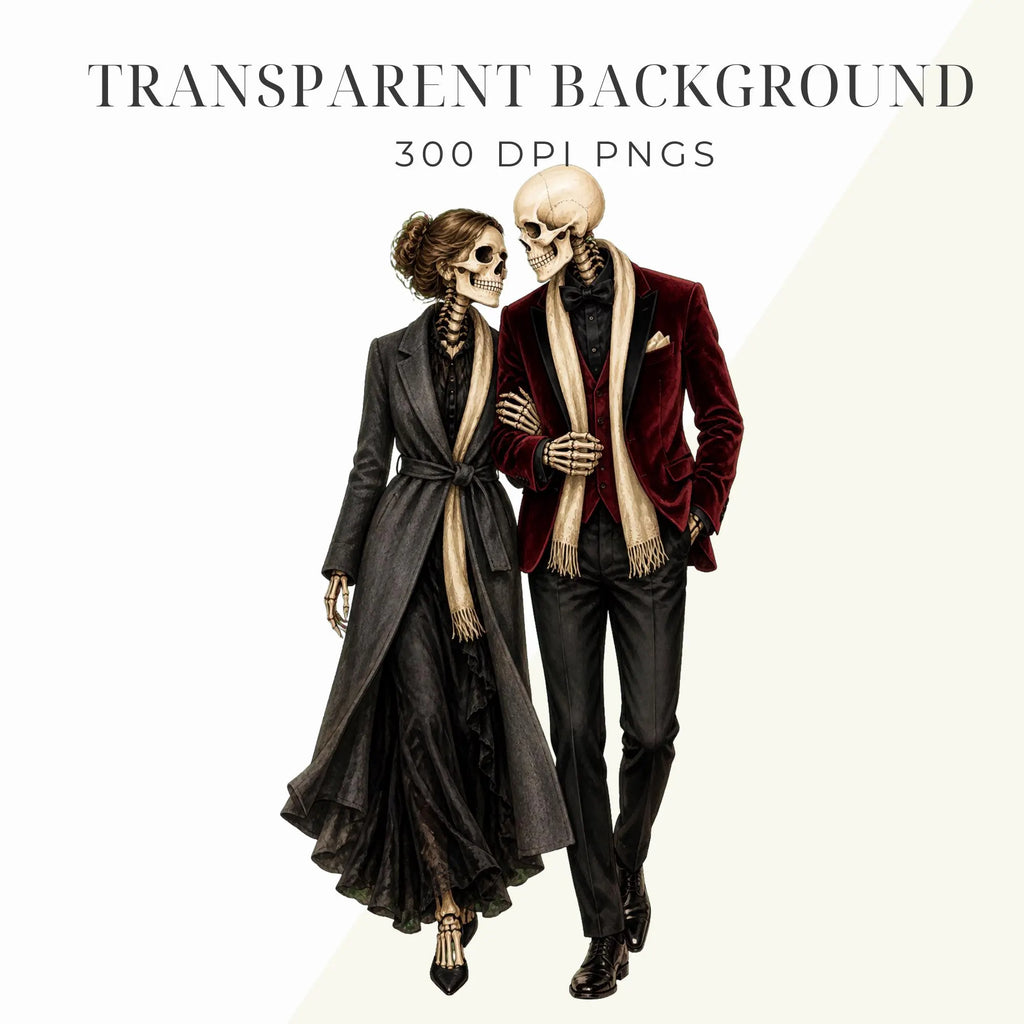 Gothic romance skeleton couple clipart, preview 2 of 9