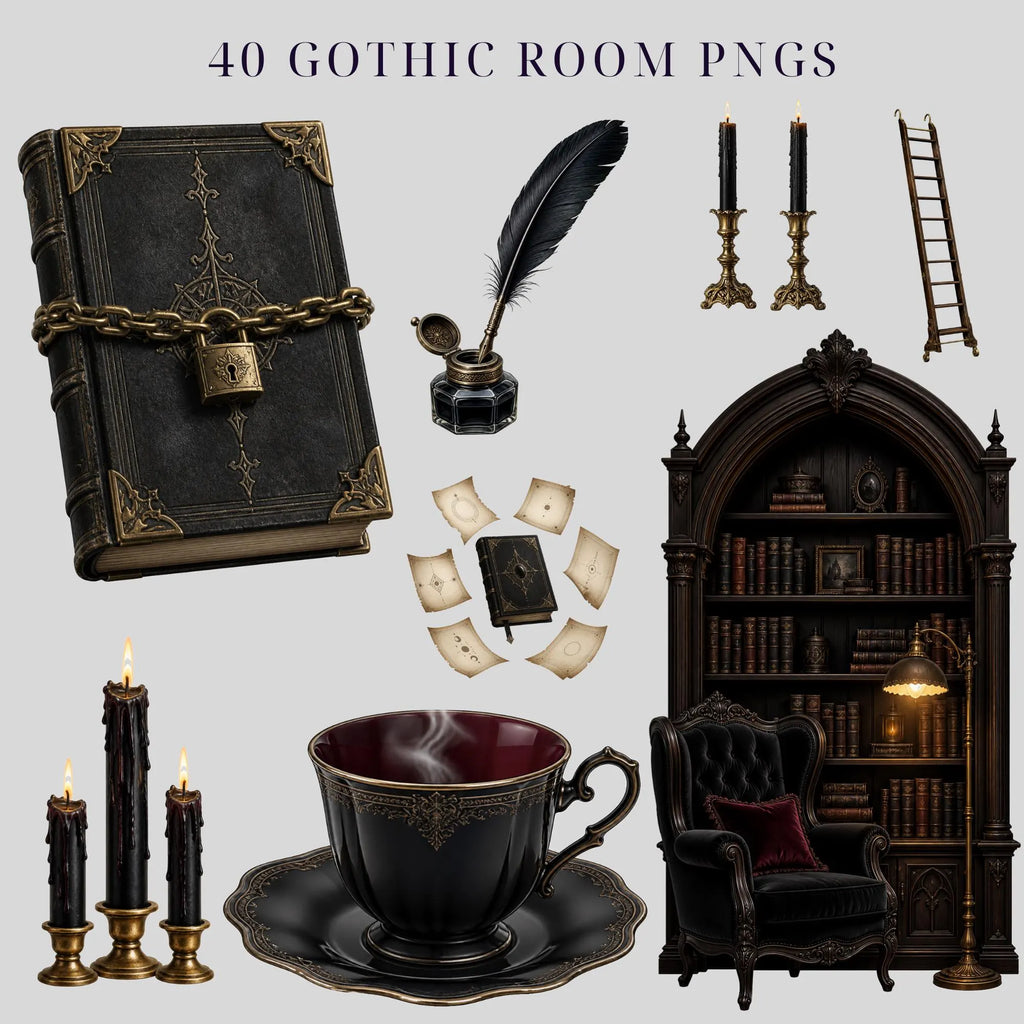 Gothic reading room clipart bundle, preview 4 of 10