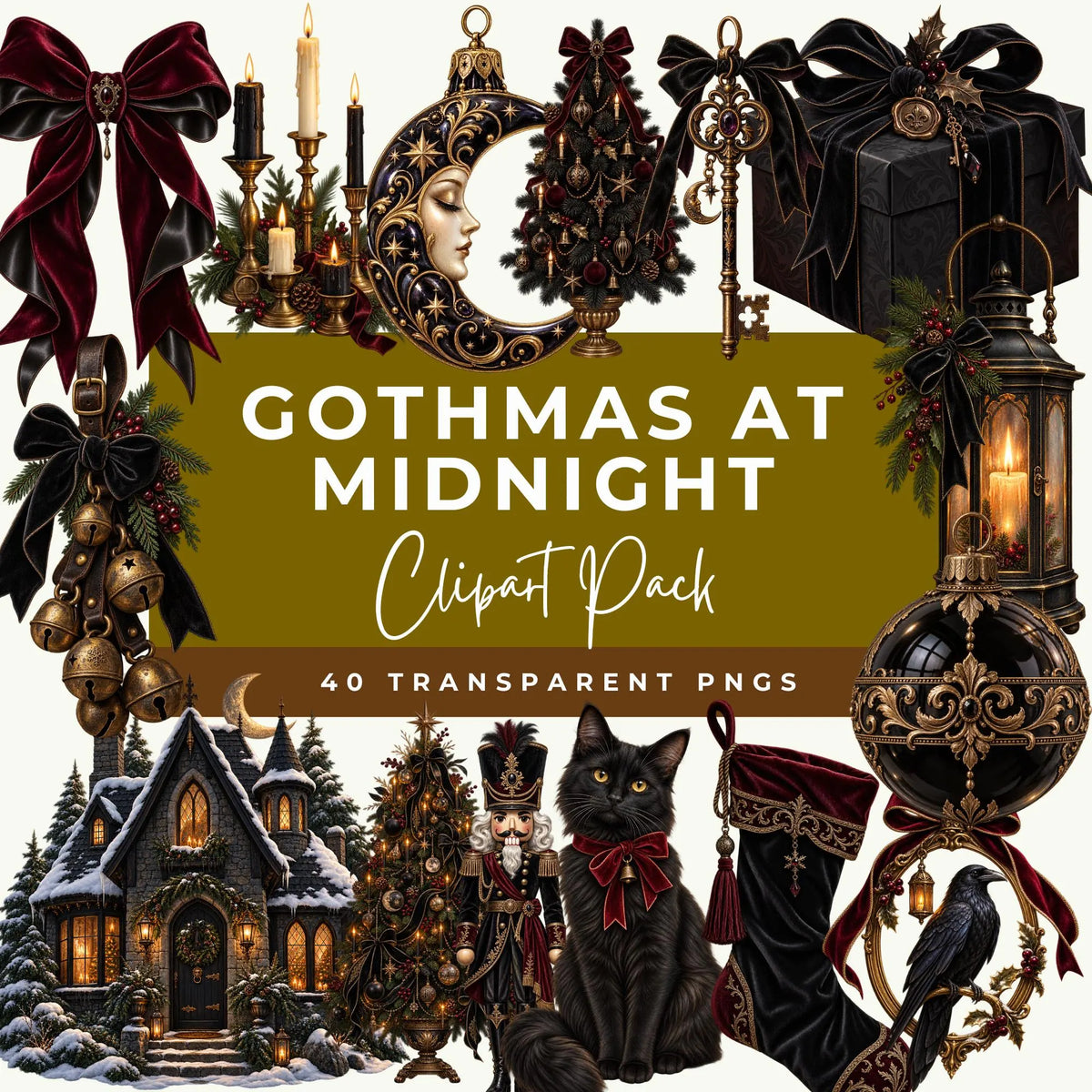 Gothic Christmas clipart with black and burgundy bows, candles, ornaments, a cat and snowy cottage.