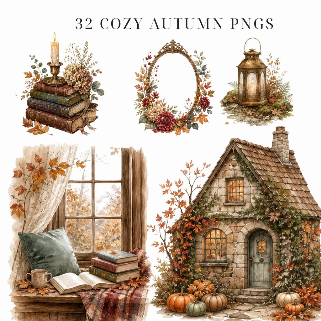 Cozy autumn watercolor clipart bundle, preview 4 of 9