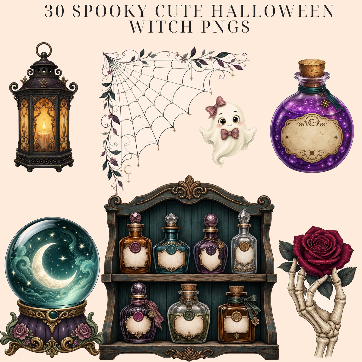 Spooky cute Halloween witch clipart bundle, preview 3 of 9