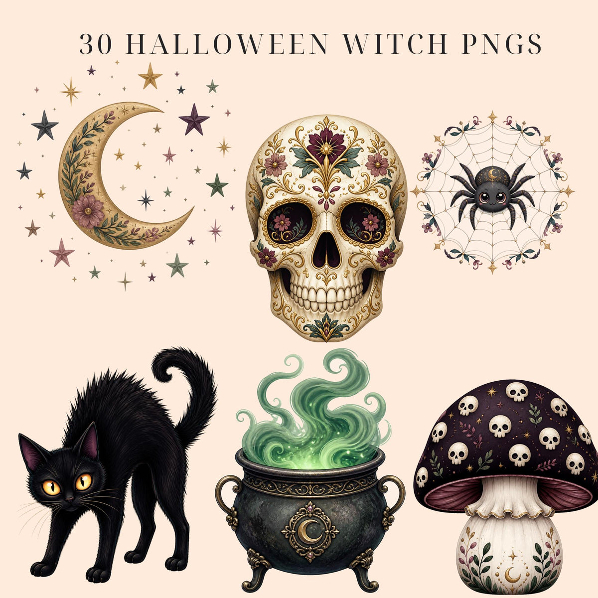 Spooky cute Halloween witch clipart bundle, preview 4 of 9