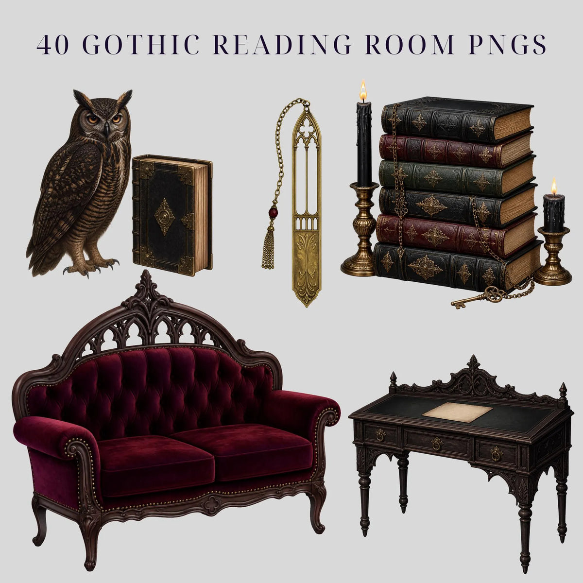Gothic reading room clipart bundle, preview 3 of 10