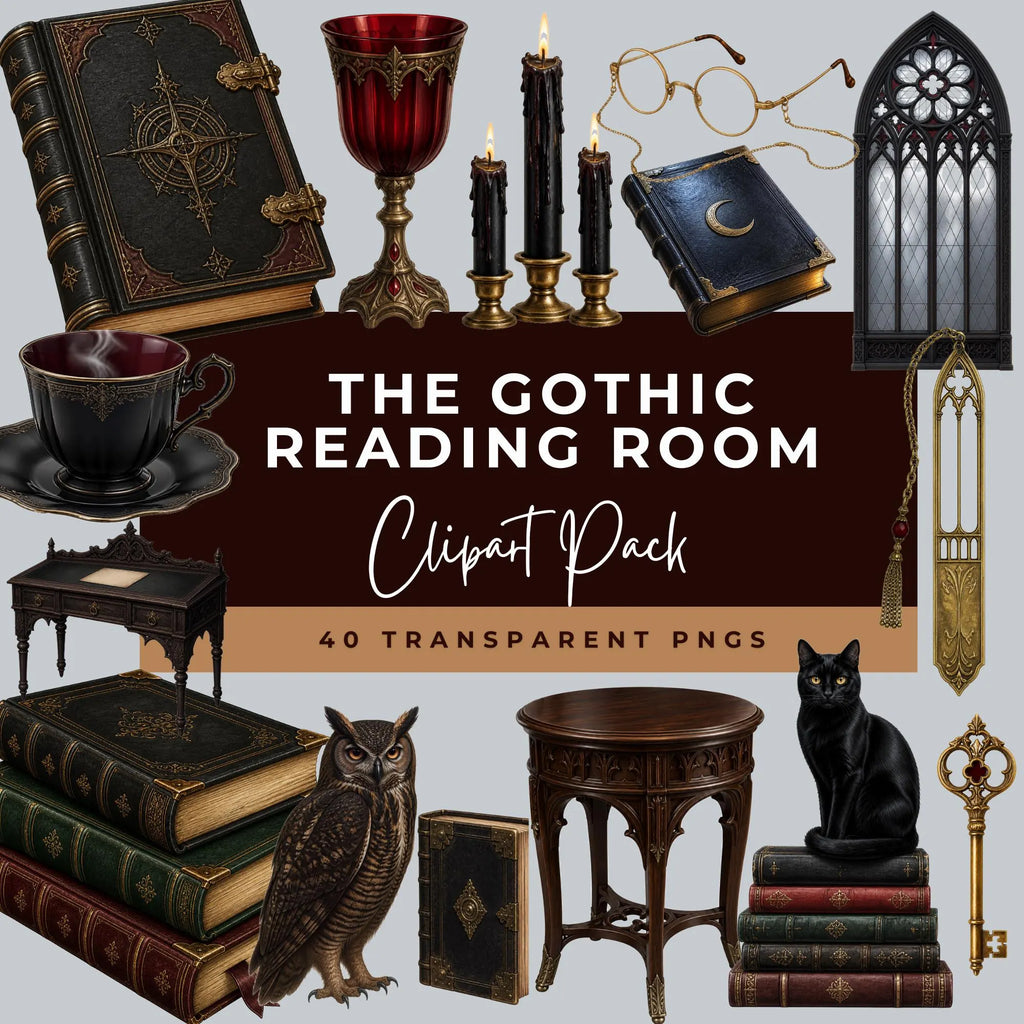 Preview of ornate books, glasses, candles, a goblet, a teacup, a gothic window, an owl and a black cat