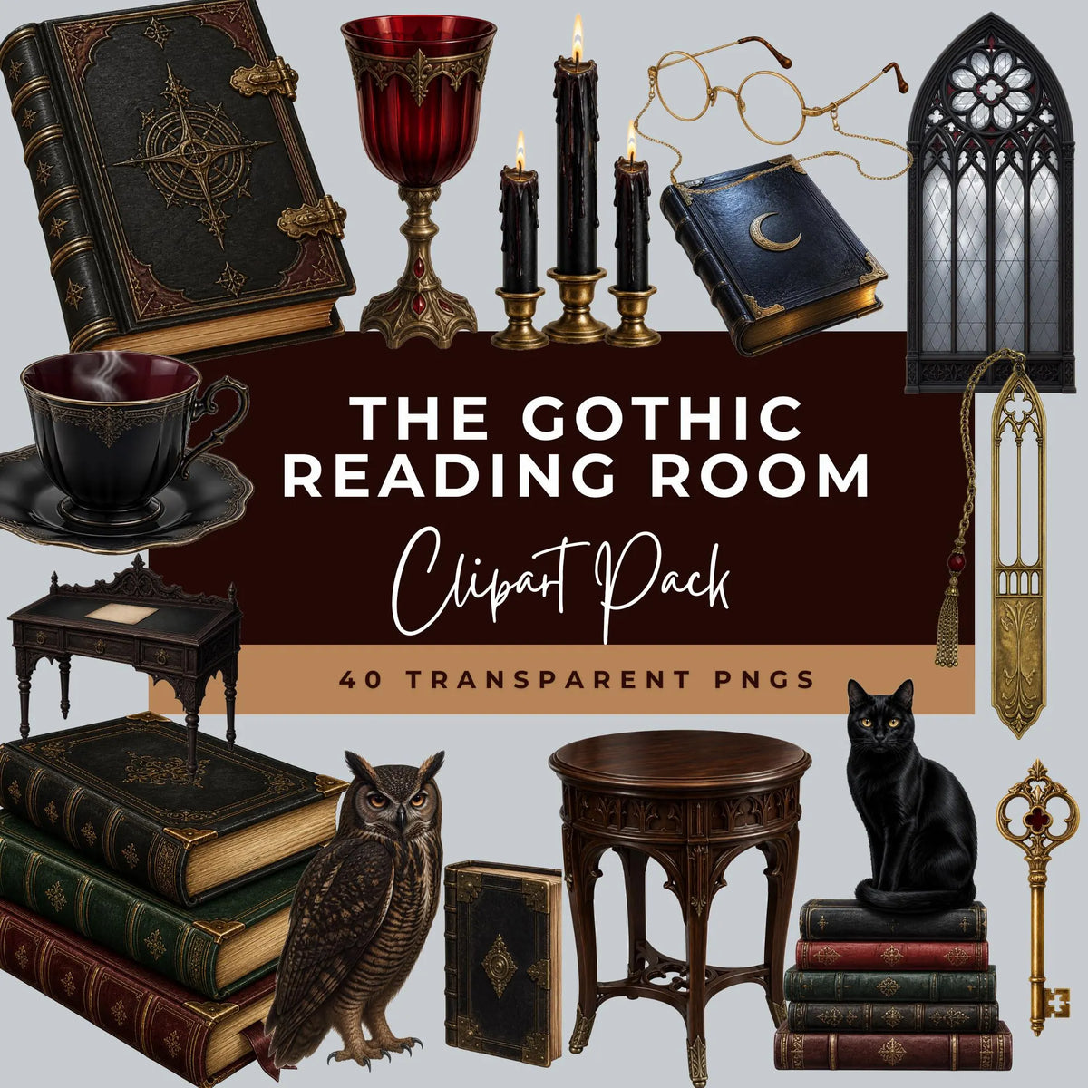 Preview of ornate books, glasses, candles, a goblet, a teacup, a gothic window, an owl and a black cat