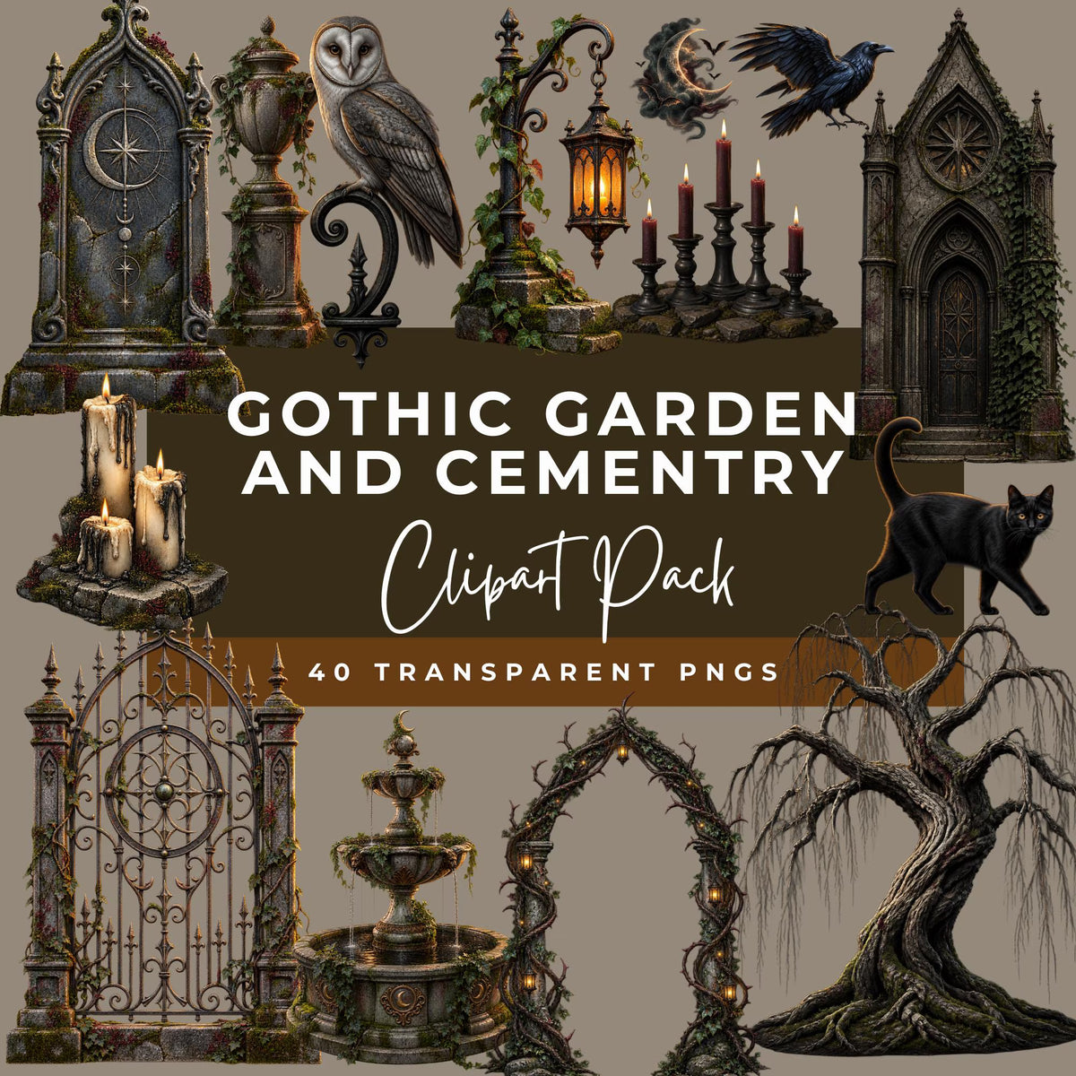 Preview of ornate stone markers, mossy gates, a fountain, an owl, a raven, a black cat and candlelight
