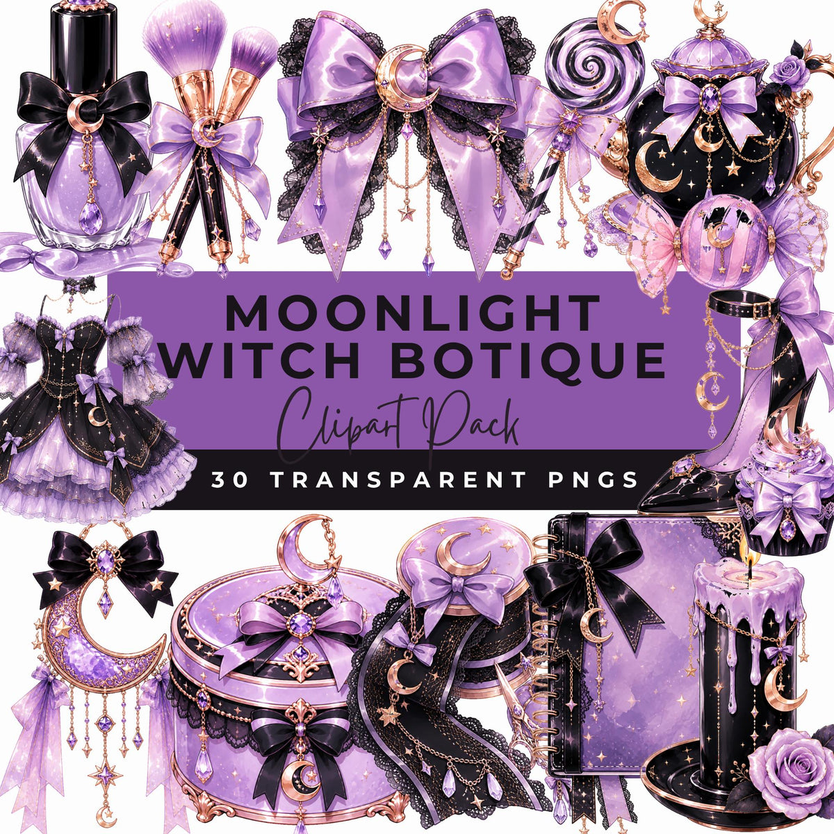 Preview of lavender bows, crescent moons, jeweled accessories, a witch boot, a journal and a candle