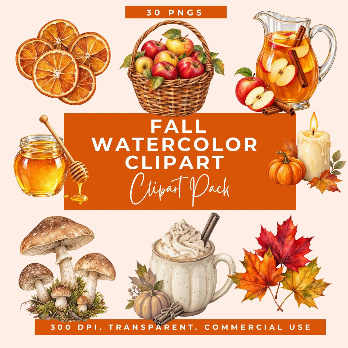 Preview of apples, cider, dried orange slices, honey, mushrooms, autumn leaves and pumpkin-spice drinks