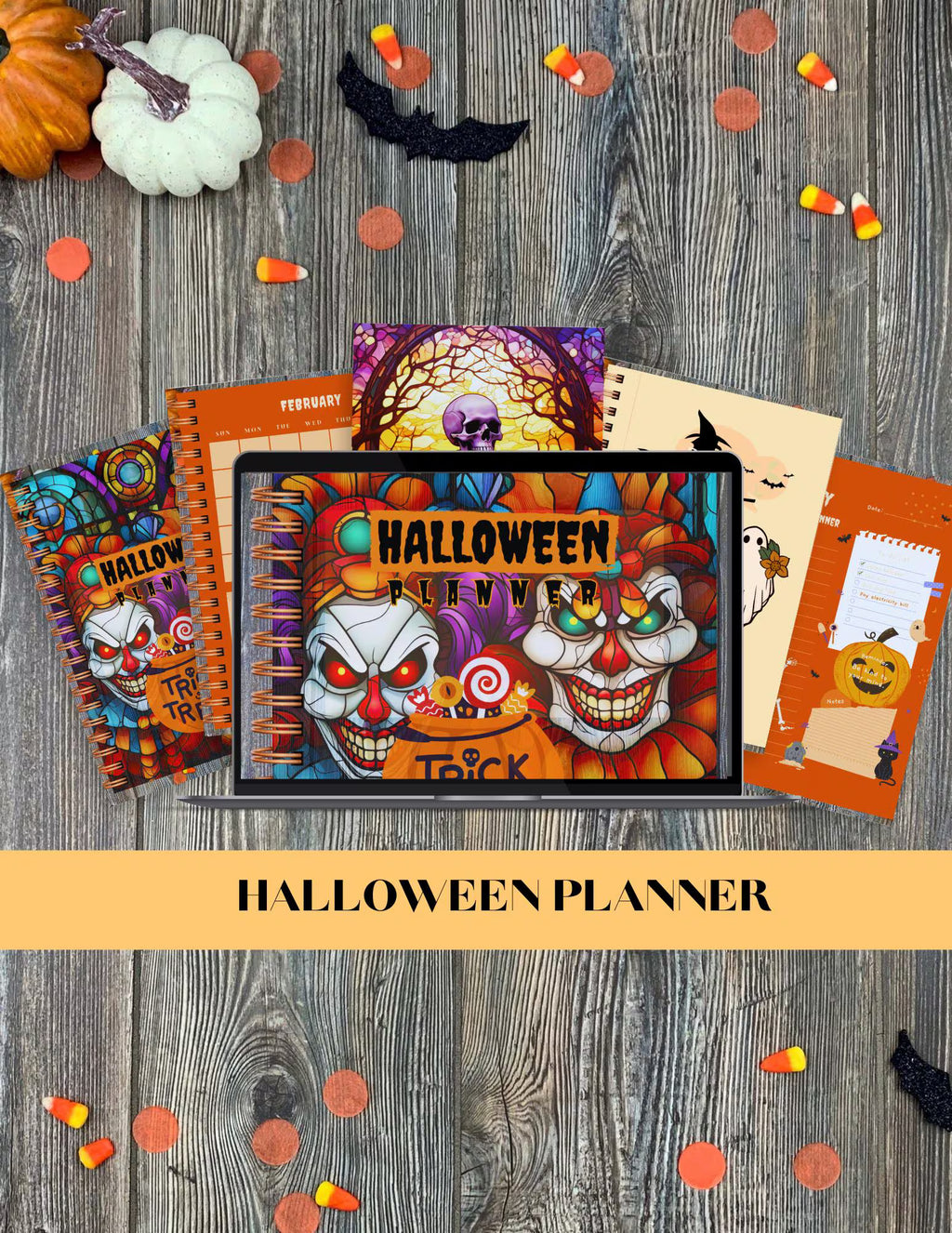 Colorful Halloween planner cover and orange planning pages displayed on a tablet and printed notebook mockups.