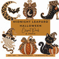 Faux-rhinestone Halloween clipart with leopard ghost, cat, pumpkin, crescent bat, potion bottle and witch boot.