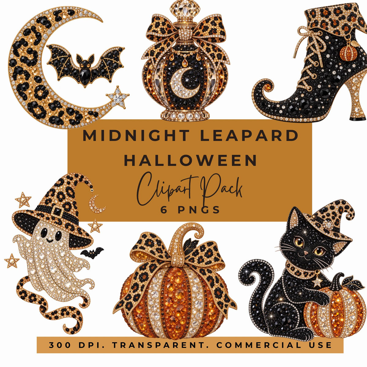 Faux-rhinestone Halloween clipart with leopard ghost, cat, pumpkin, crescent bat, potion bottle and witch boot.